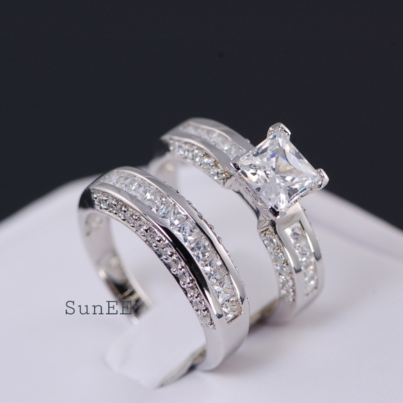 New His Hers Real 925 Wedding Engagement Ring Set - Picture 5 of 6